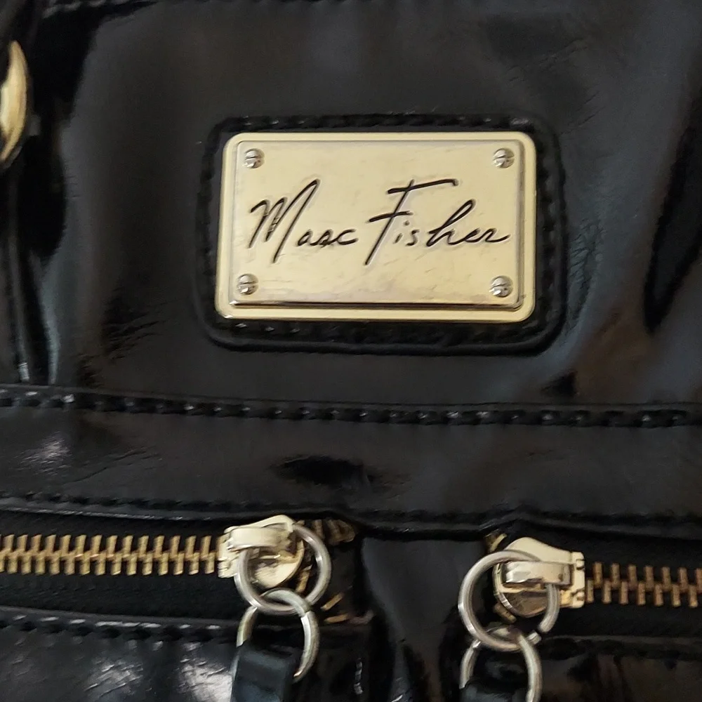 Marc Fisher Women's Black Faux Patent Zip Leather Hobo Bag Purse